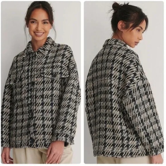 Mango Tweed Plaid Jacket Shacket Size L - Picture 1 of 16